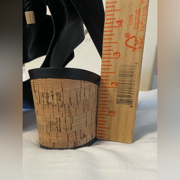 Shoes Of Prey Black Leather Suede Low Block Cork Heel Ankle Ties SZ US 12 Custom - Picture 11 of 15
